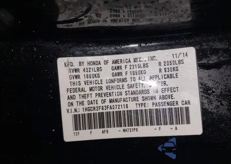 2015 Honda Accord Ex-L из США, поврежденный, VIN 1HGCR2F83FA072116